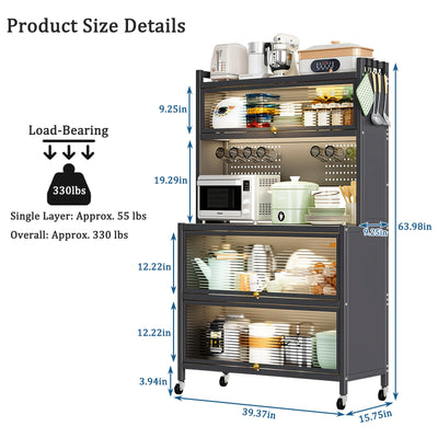 64' Kitchen Pantry Storage Cabinet, 5 Tier Metal Storage Cabinet with Wheels, Transparent Flap Door &  DIY Hole Board , Kitchen Storage Bakers Rack, for Kitchen, Living Room and Dining Room, Gray