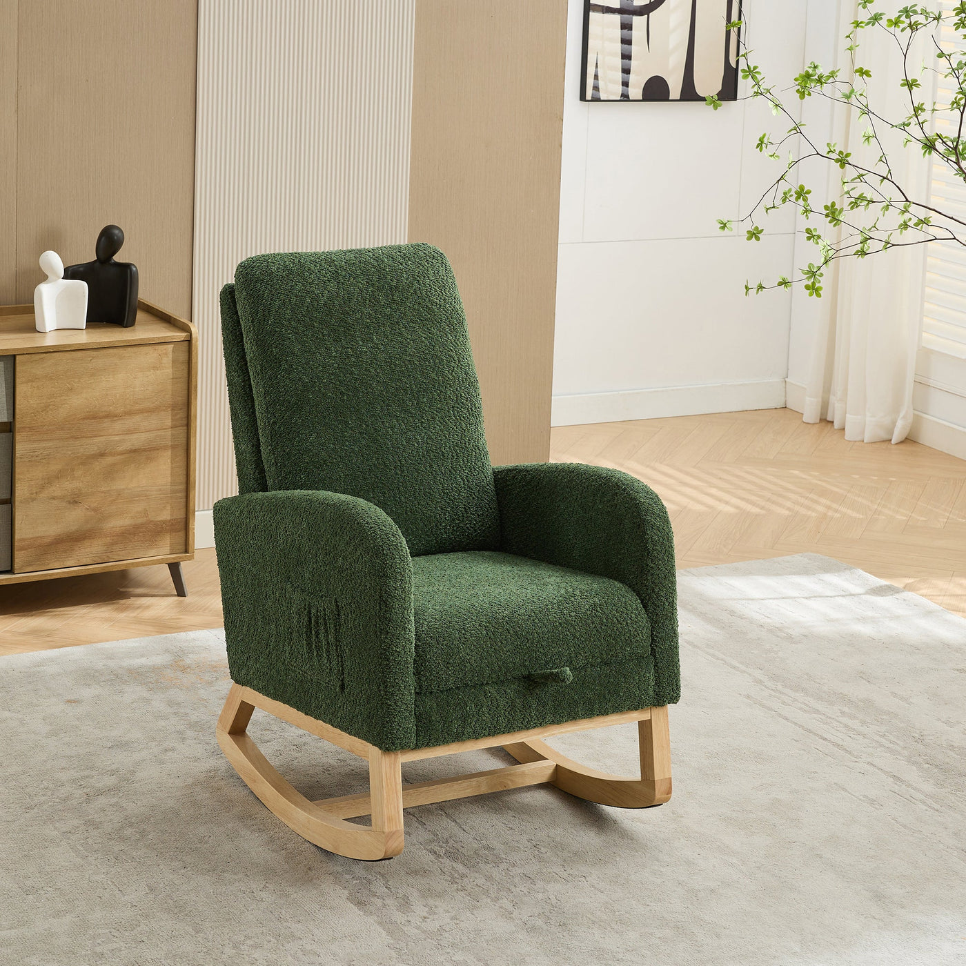 25.4'W Green Boucle High Back Glider Rocking Chair with Retractable Footrest and Rubber Wood Legs for Nursery and Living Room