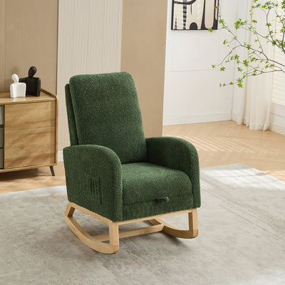 25.4'W Green Boucle High Back Glider Rocking Chair with Retractable Footrest and Rubber Wood Legs for Nursery and Living Room