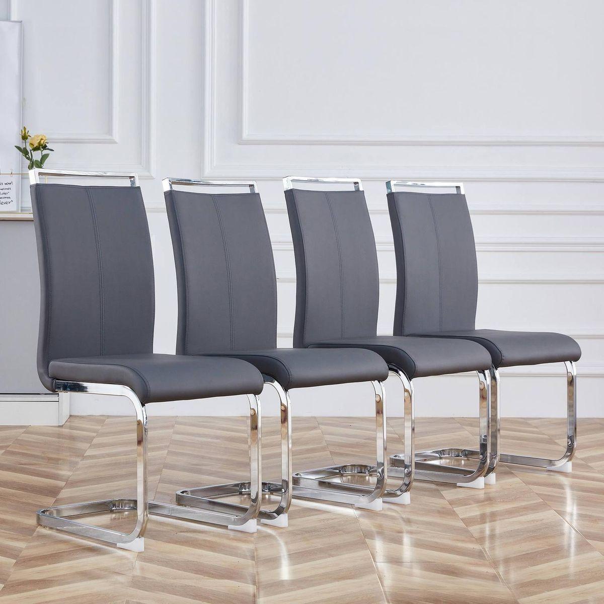 Modern Dining Chairs,PU Faux Leather High Back Upholstered Side Chair with C-shaped Tube Chrome Metal Legs for Dining Room Kitchen Vanity Patio Club Guest Office Chair (Set of 4) (Grey+PU Leather)1162