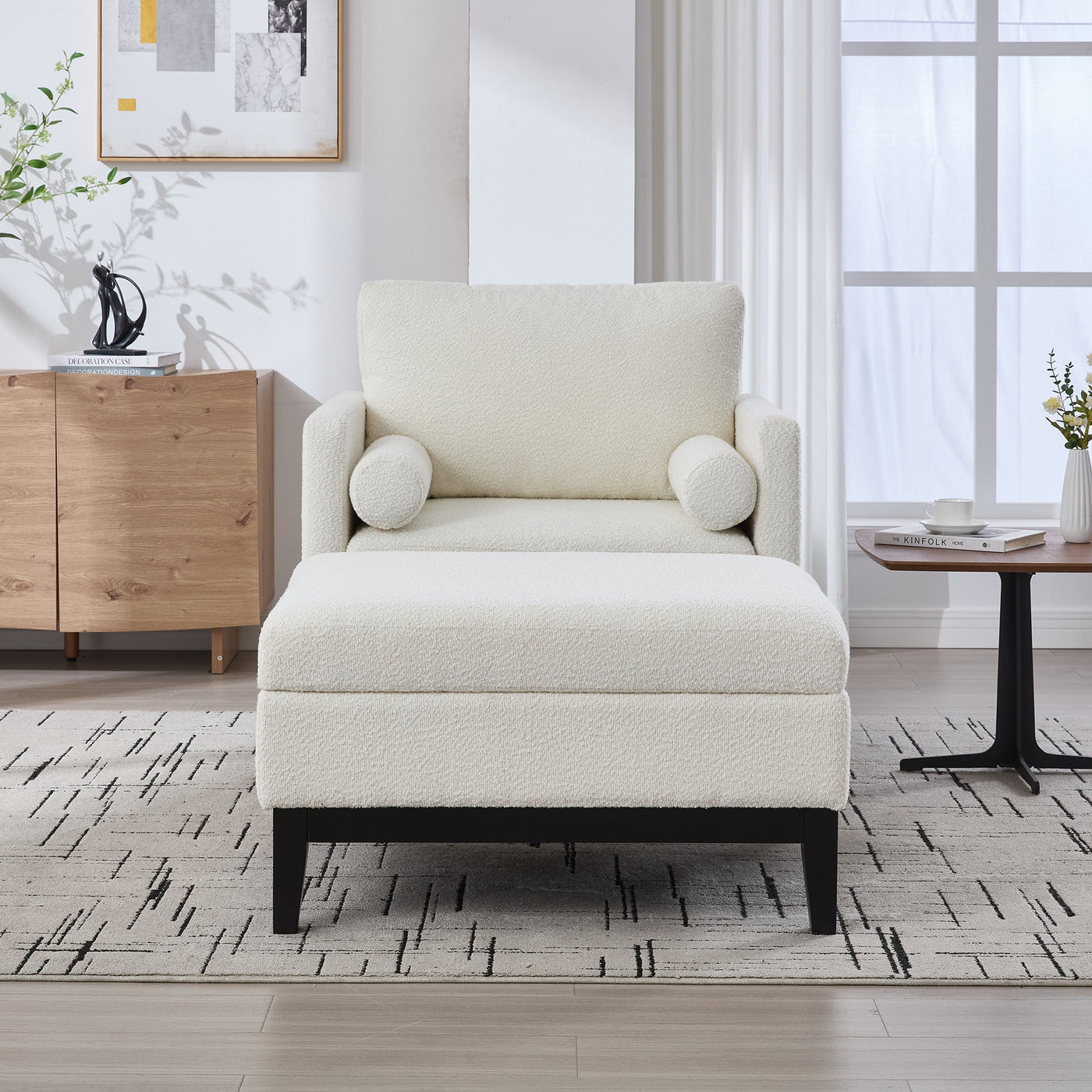 Farmhouse 35.4 in. Upholstered Accent Chair with Ottoman, Ivory Boucle and Black Wood Base, Reversible Lid Coffee Table for Living Room or Office