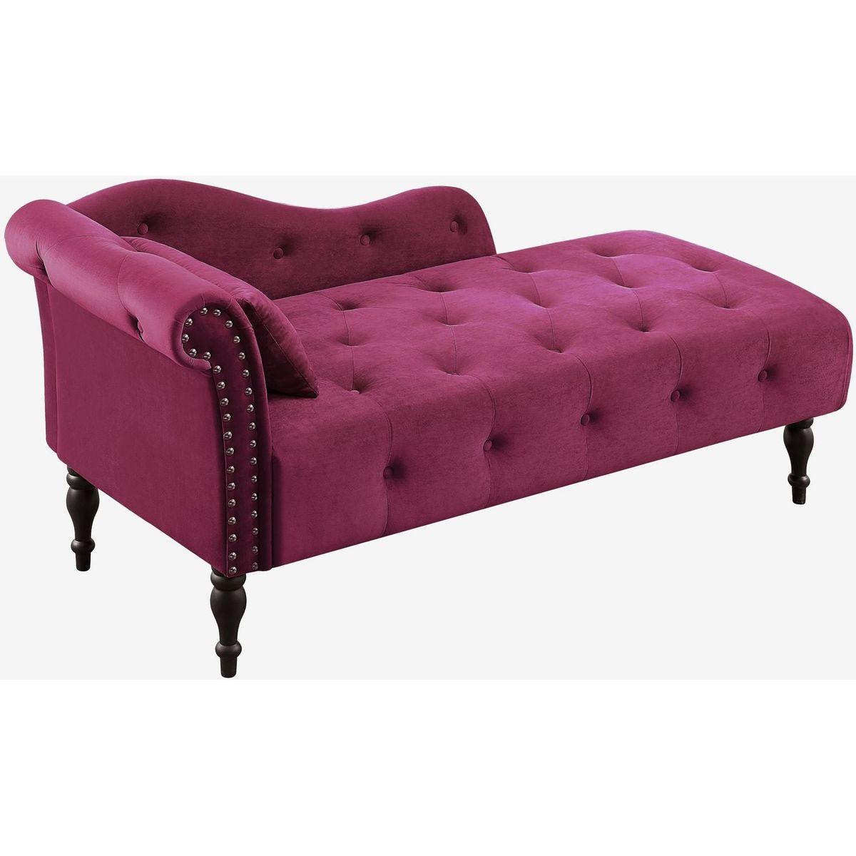 60.6" Velvet Chaise Lounge Buttons Tufted Nailhead Trimmed Solid Wood Legs with 1 Pillow,Burgundy (Left Arm Design as Shown in the Picture)