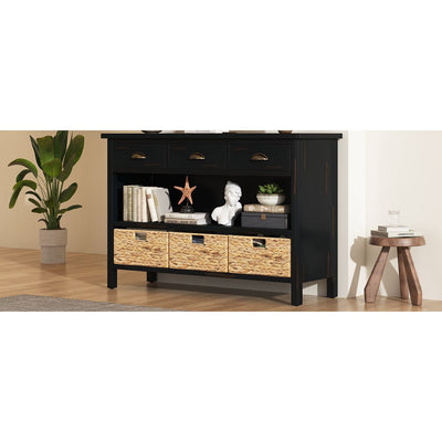 TREXM Retro Console Table with 3 Storage Drawers, Entryway Table with 3 Water Hyacinth Woven Baskets,Wooden Accent Sofa Table Buffet Cabinet for Entryway, Hallway and Living Room (Espresso)