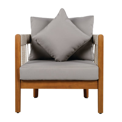 Acacia Wood Outdoor Club Chair with Handwoven Rope Accents & Curved Backrest - Water-Resistant Boho Patio Lounge Chair with Removable Cushions for Porch, Garden