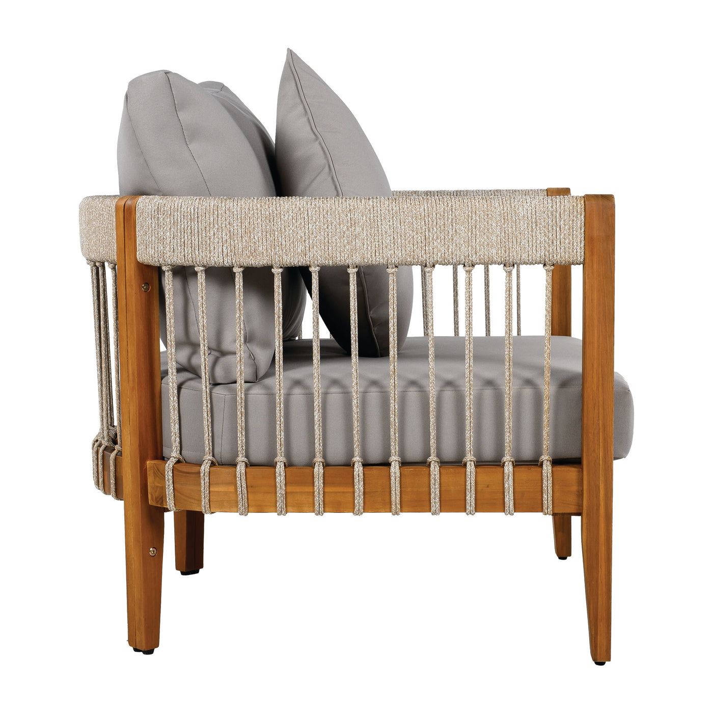 Acacia Wood Outdoor Club Chair with Handwoven Rope Accents & Curved Backrest - Water-Resistant Boho Patio Lounge Chair with Removable Cushions for Porch, Garden