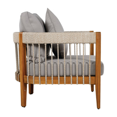 Acacia Wood Outdoor Club Chair with Handwoven Rope Accents & Curved Backrest - Water-Resistant Boho Patio Lounge Chair with Removable Cushions for Porch, Garden