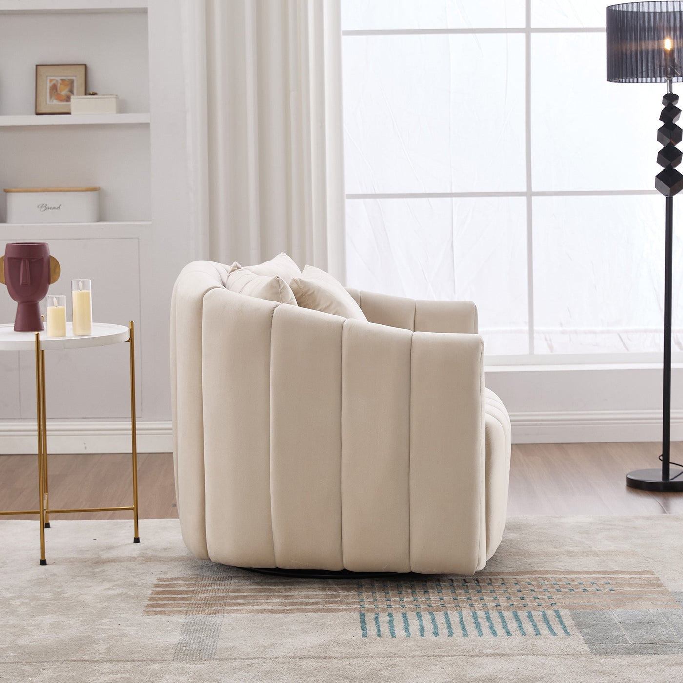 40.35'W Upholstered Oversized 360° Swivel Accent Barrel Chair and Half Cozy Sofa with 3 Pillows, Velvet Channel Tufted Pumpkin-Shape Club Armchair for Living Room, Bedroom, Office, Lounge, Beige