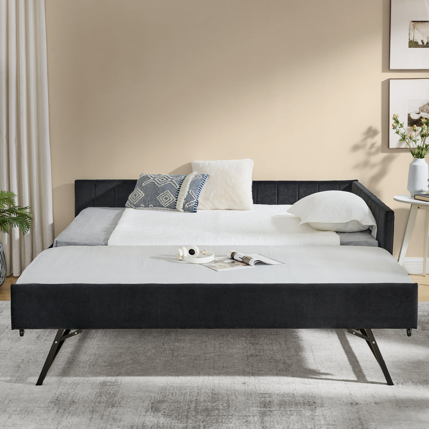 Full Size Daybed with Trundle Upholstered Tufted Sofa Bed, Sofa Bed Frame with Comfortable Backrest and Armrests, Velvet, Black(79.5''x58''x25'')