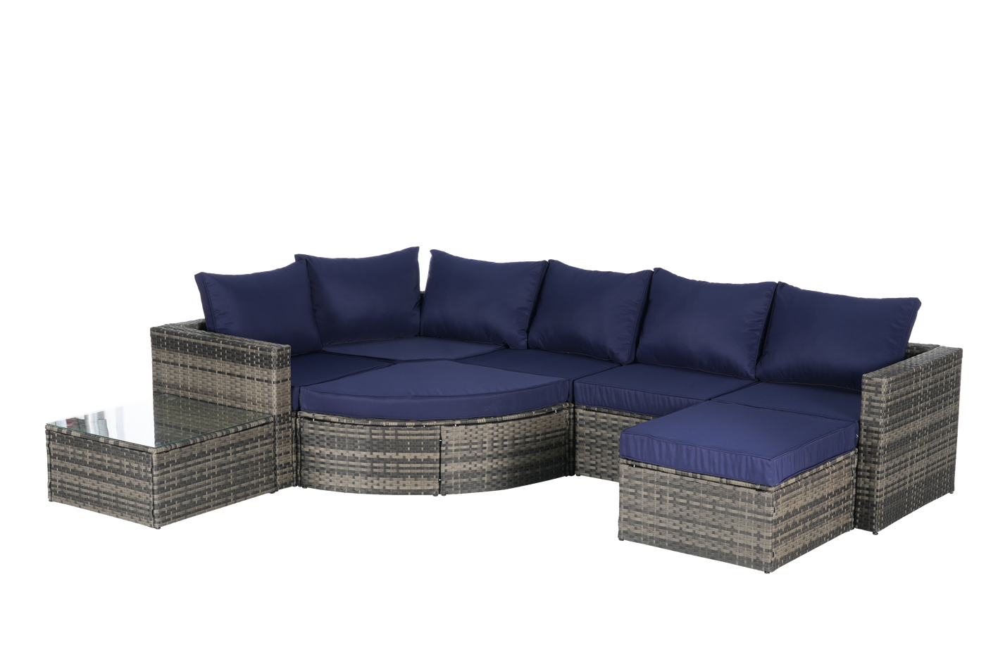 8 Piece Outdoor Patio Sofa Set, Sectional L- Shaped Patio Furniture Wicker Patio Conversation Set with Curved Sofa  Ottoman & Glass Top Table for Backyard Poolside