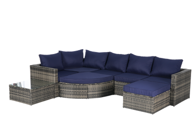 8 Piece Outdoor Patio Sofa Set, Sectional L- Shaped Patio Furniture Wicker Patio Conversation Set with Curved Sofa  Ottoman & Glass Top Table for Backyard Poolside