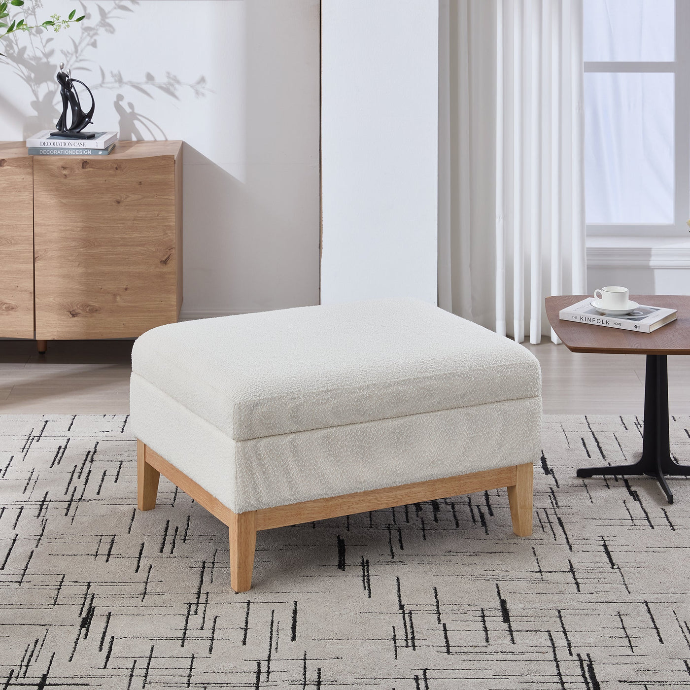 33.86'W Upholstered Wood Base Storage Ottoman with Reversible Lid Coffee Table, Foot Stool Square Footrest with Rubberwood Legs for Living Room Bedroom Entryway and Office, Ivory Boucle.