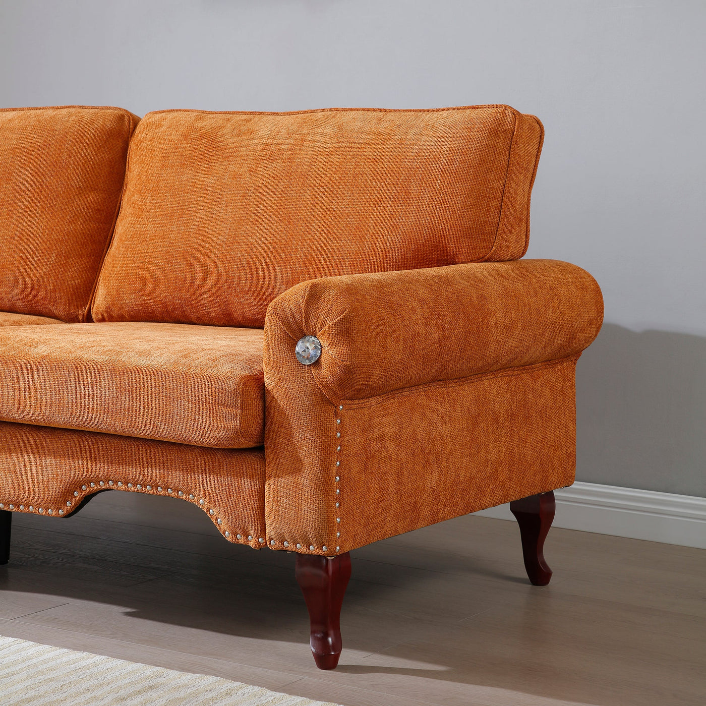 66-Inch Modern Linen Loveseat Sofa with Wooden Legs & Crystal button and Copper Nail, Tufted Backrest, Perfect for Living Room, Bedroom, or Office (Orange)