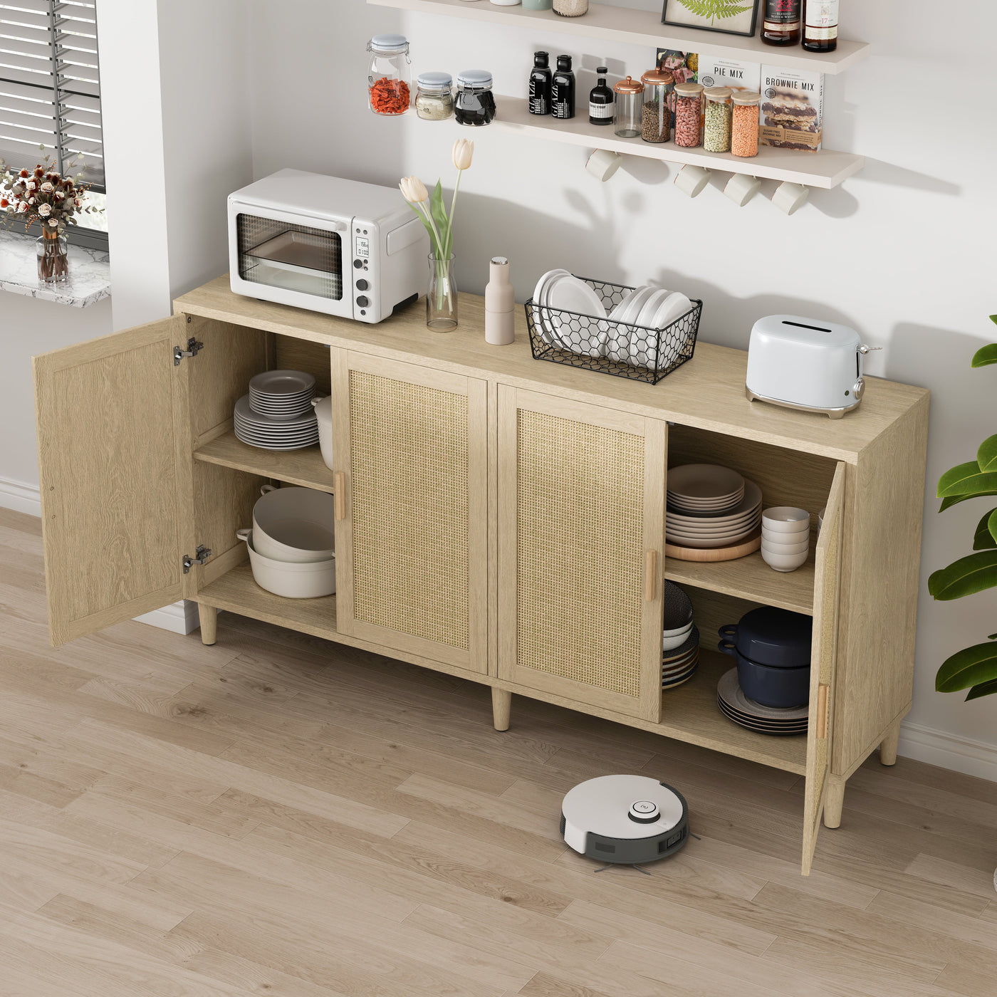 Natural Rattan Buffet Cabinet with Storage, 4-Door Sideboard, Adjustable Shelves, 70-Inch