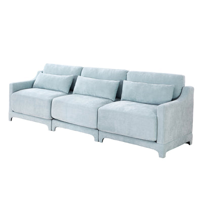 Elegant Sky Blue Three-Seater Sofa with Lumbar Pillow, Chenille Upholstery, Ergonomic Design, Wooden Base