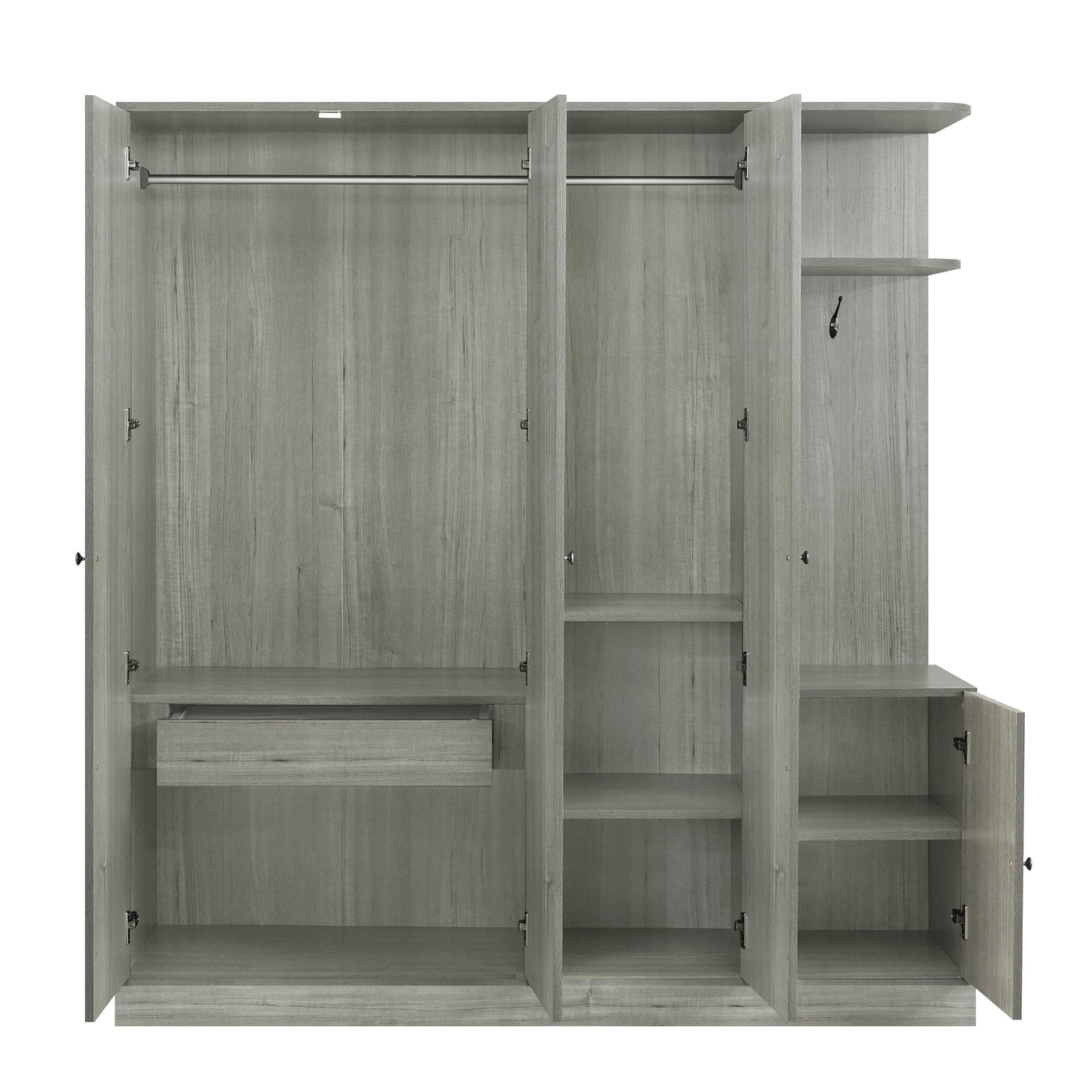 4-Door Wardrobe with Shelves, Drawers, and Full-Length Mirror, Gray