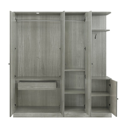 4-Door Wardrobe with Shelves, Drawers, and Full-Length Mirror, Gray