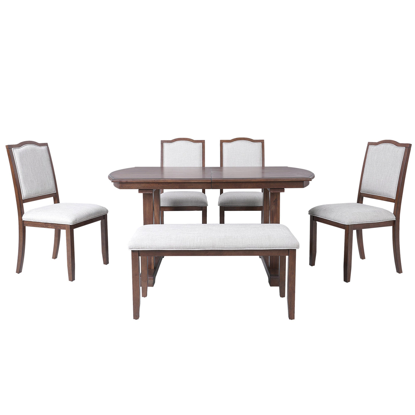 6-Piece Extendable Dining Table Set, 60–78 in. Wood Table with Removable Leaf, 4 Upholstered Chairs and Bench, Cherry Finish