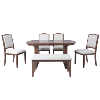 6-Piece Extendable Dining Table Set, 60–78 in. Wood Table with Removable Leaf, 4 Upholstered Chairs and Bench, Cherry Finish