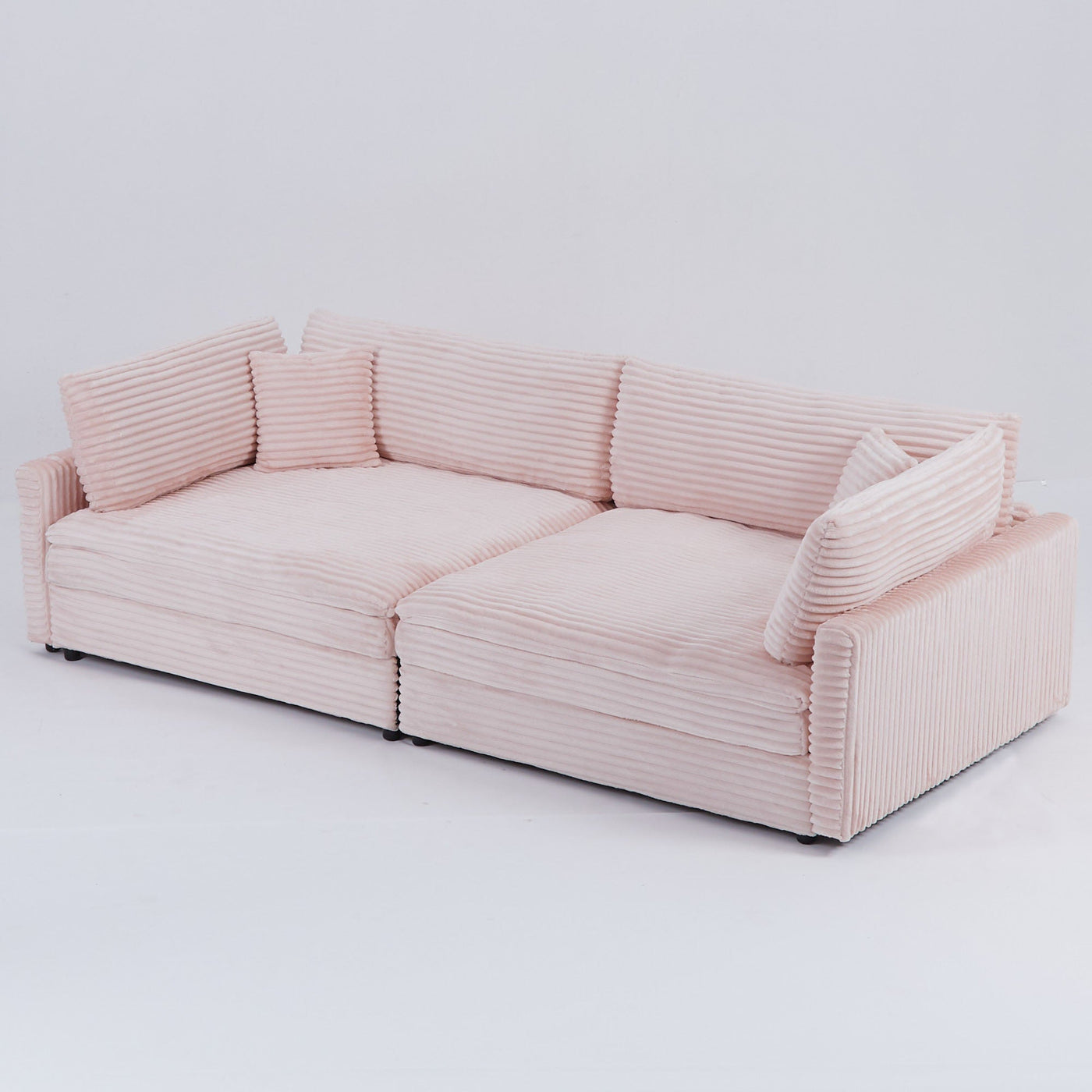 Elegant Pink Corduroy Sofa with Throw Pillows and Backrests for Living Room Leisure