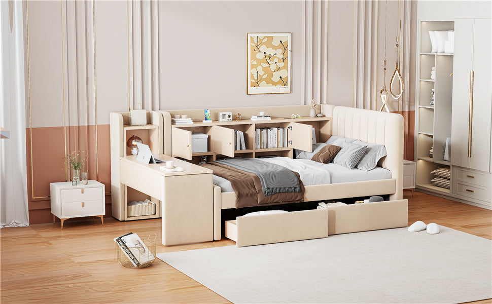 Twin Size Upholstered Daybed with Drawers, Shelves, Flip Cabinets & Side Table (Beige)