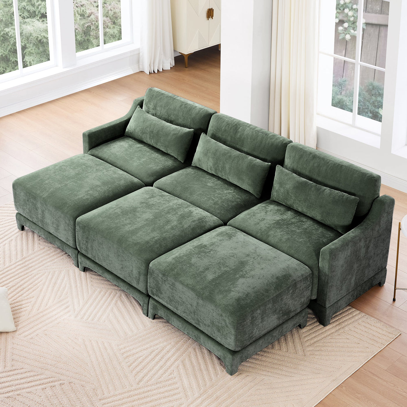 Ergonomic Three-Seater Sofa with Movable Ottomans and Lumbar Pillow in Green Chenille with Wooden Base