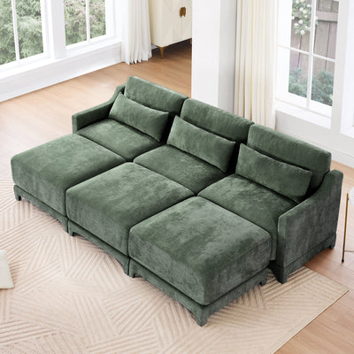 Ergonomic Three-Seater Sofa with Movable Ottomans and Lumbar Pillow in Green Chenille with Wooden Base