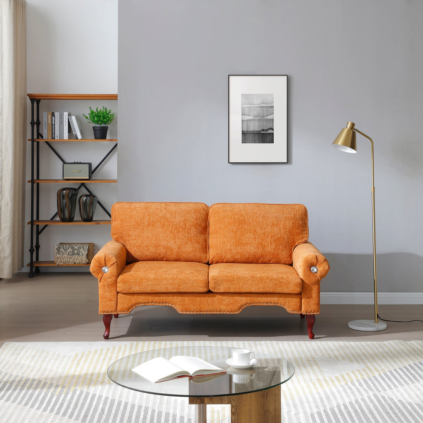 66-Inch Modern Linen Loveseat Sofa with Wooden Legs & Crystal button and Copper Nail, Tufted Backrest, Perfect for Living Room, Bedroom, or Office (Orange)