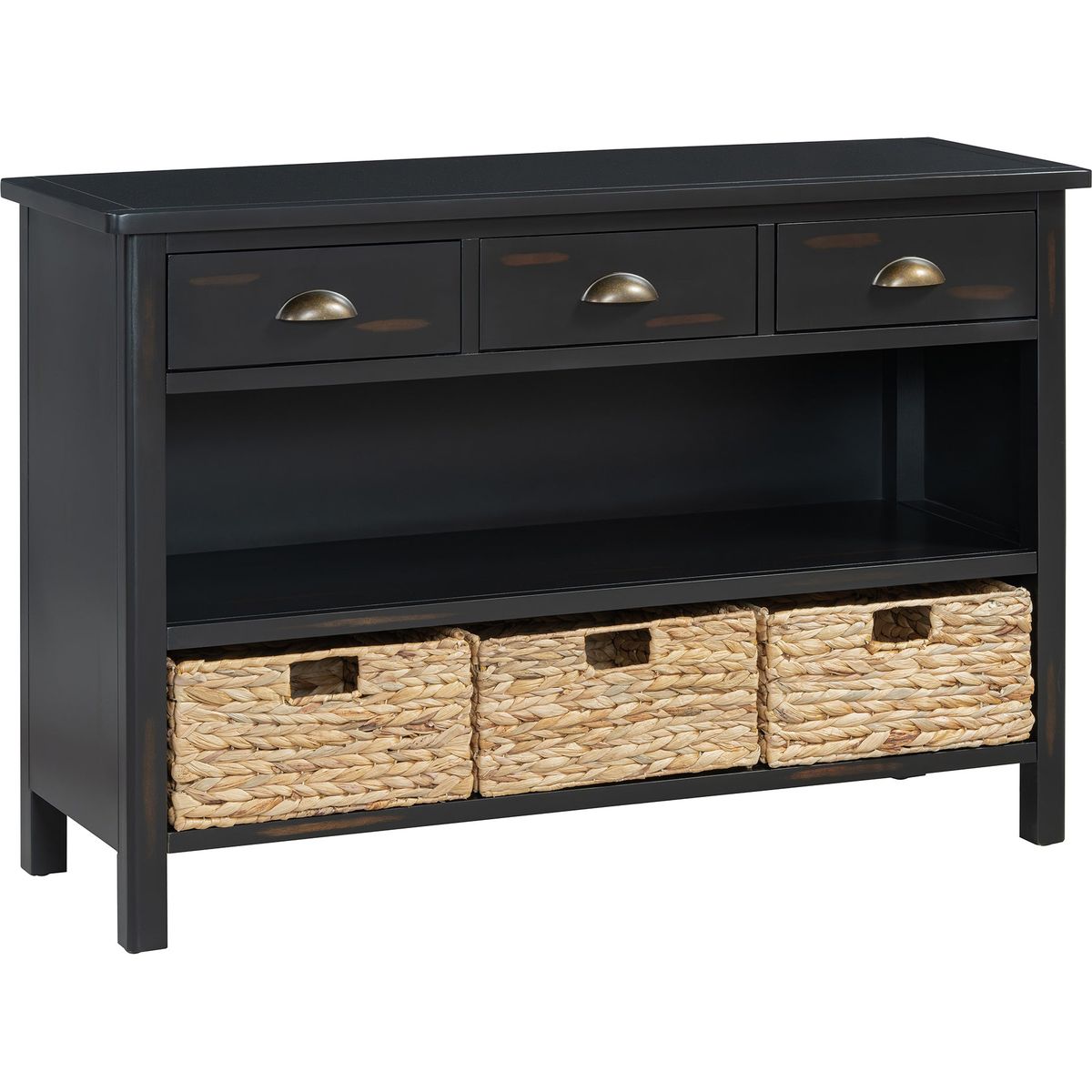 TREXM Retro Console Table with 3 Storage Drawers, Entryway Table with 3 Water Hyacinth Woven Baskets,Wooden Accent Sofa Table Buffet Cabinet for Entryway, Hallway and Living Room (Espresso)