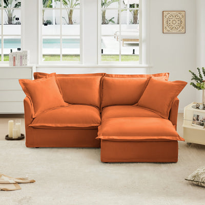 Slipcovered Sectional 2 Seater Sofa Couch with Convertible Ottoman, Wide and Deep Seat L Shaped Sofa with Detachable Cover and Soft Multiple Big Pillows, Chenille Fabric, Orange