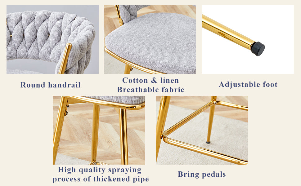 A set of 4 rotating bar stools, equipped with breathable linen cushions - beige seats with golden metal legs, suitable for the height of the kitchen island, dining table or bar counter