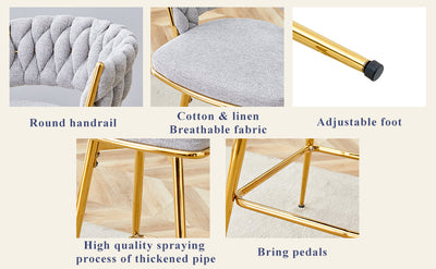 A set of 4 rotating bar stools, equipped with breathable linen cushions - beige seats with golden metal legs, suitable for the height of the kitchen island, dining table or bar counter
