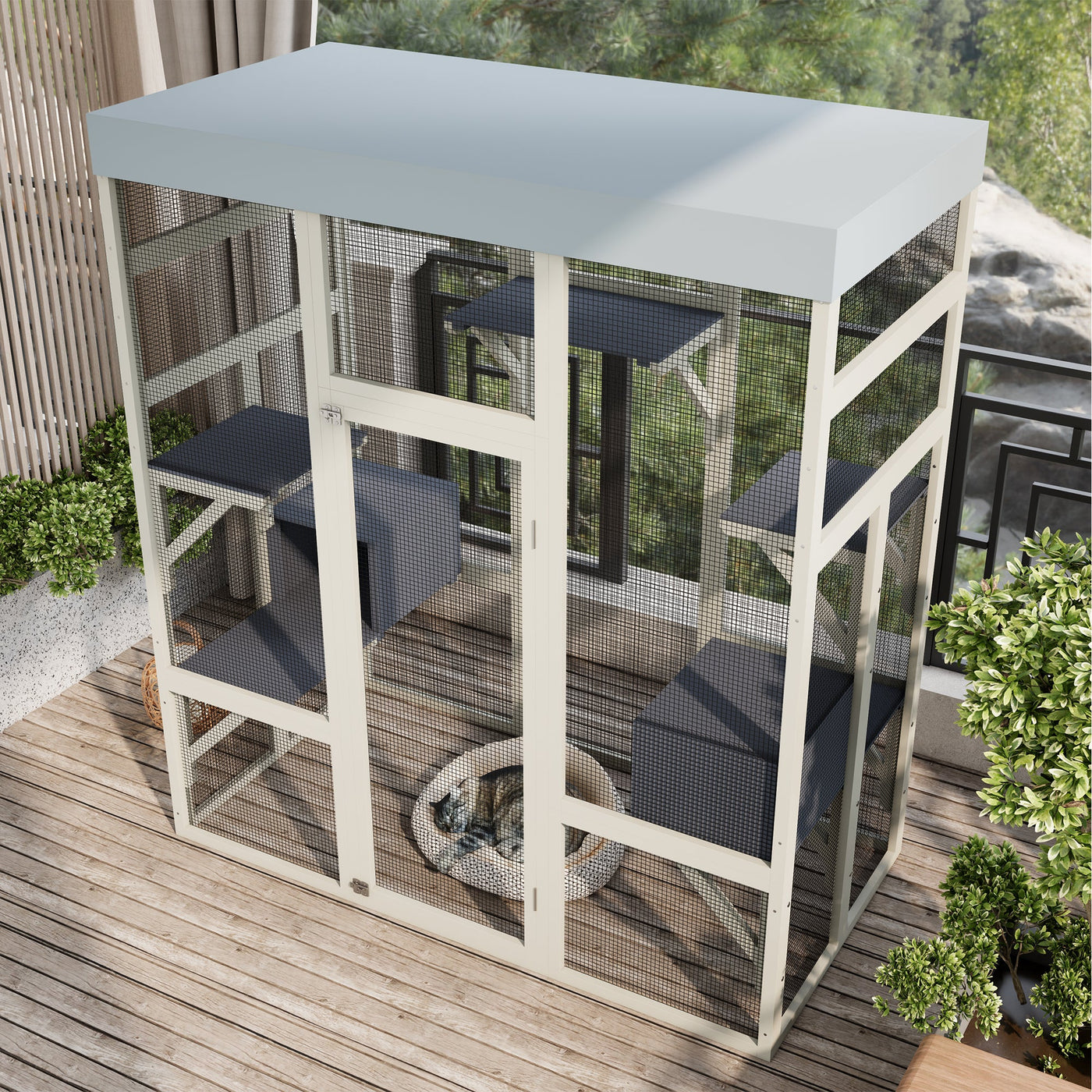 62.6' Gray Wooden Catio Outdoor Pet Enclosure with Waterproof Top, Spacious and Secure Cat House & Small Animal Cage, Black Rust-proof Metal Wire