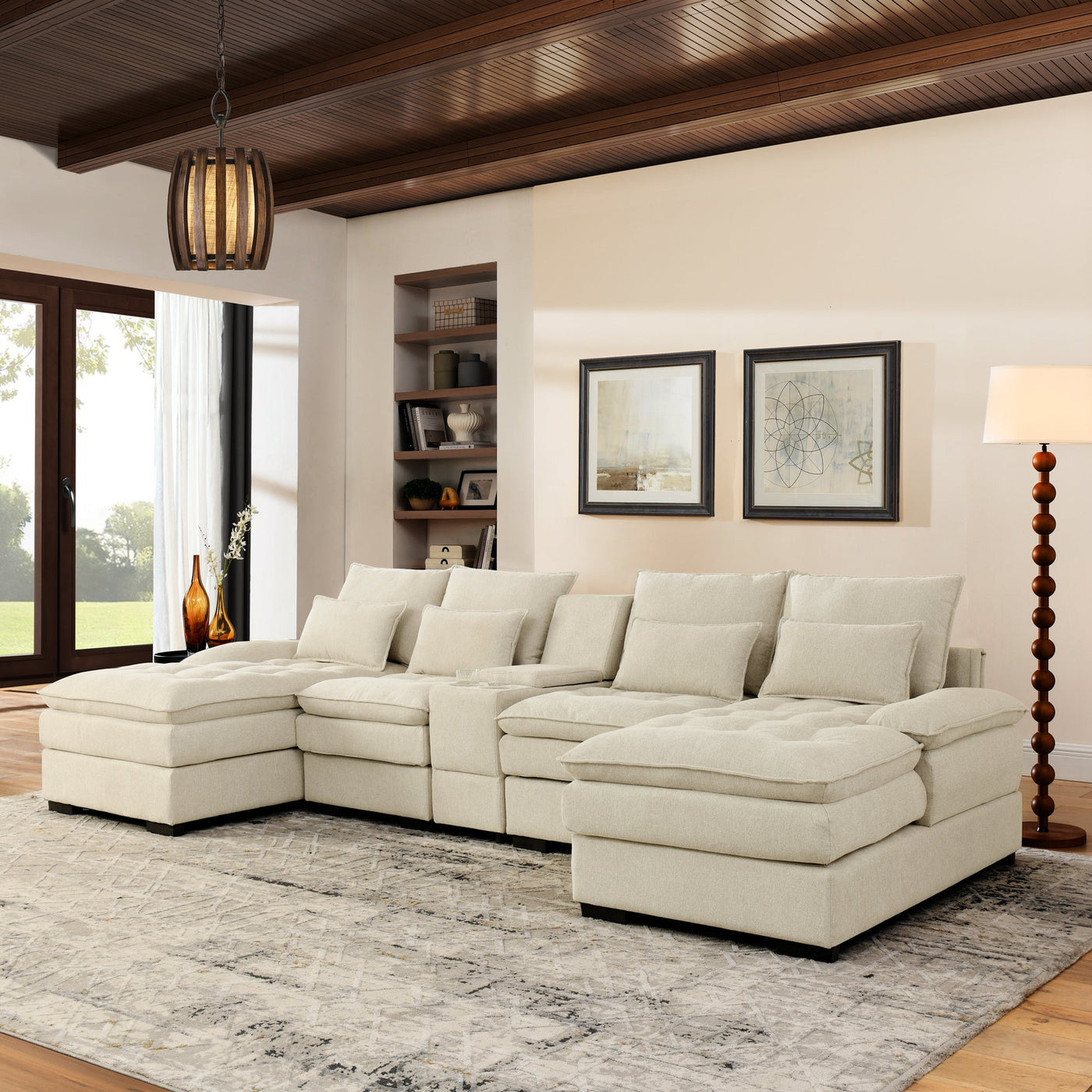 U-shaped Beige Upholstered Sofa with Console and Cupholders for Living Room