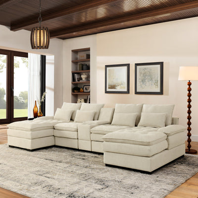 U-shaped Beige Upholstered Sofa with Console and Cupholders for Living Room