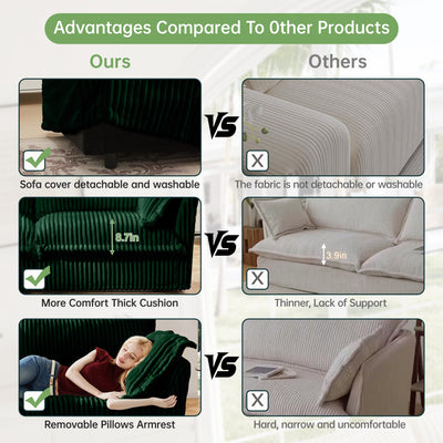 Slipcovered U Shape Sectional Wide and Deep Seat Sofa Couch, 4 Seater Sofa with French Edges Design Multiple Big Pillows, Soft Deep Seat Comfy Cloud Couch for Living Room, Apartment, Green Corduroy