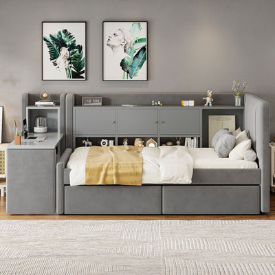 Twin Size Upholstered Daybed with Drawers, Shelves, Flip Cabinets & Side Table (Gray)