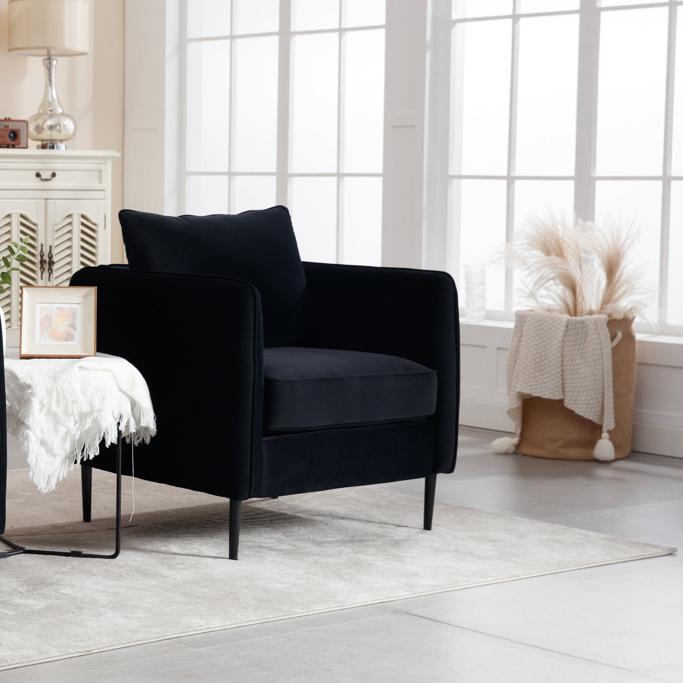 Accent Chair for Living Room, Velvet Comfy Single Sofa Chair Mid-Century Modern Armchair with 1 Pillow and Metal Legs for Bedroom Office Reading