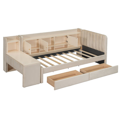 Twin Size Upholstered Daybed with Drawers, Shelves, Flip Cabinets & Side Table (Beige)