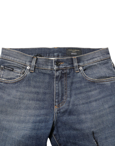 Dolce & Gabbana Blue Washed Skinny Logo Plaque Men Denim Jeans