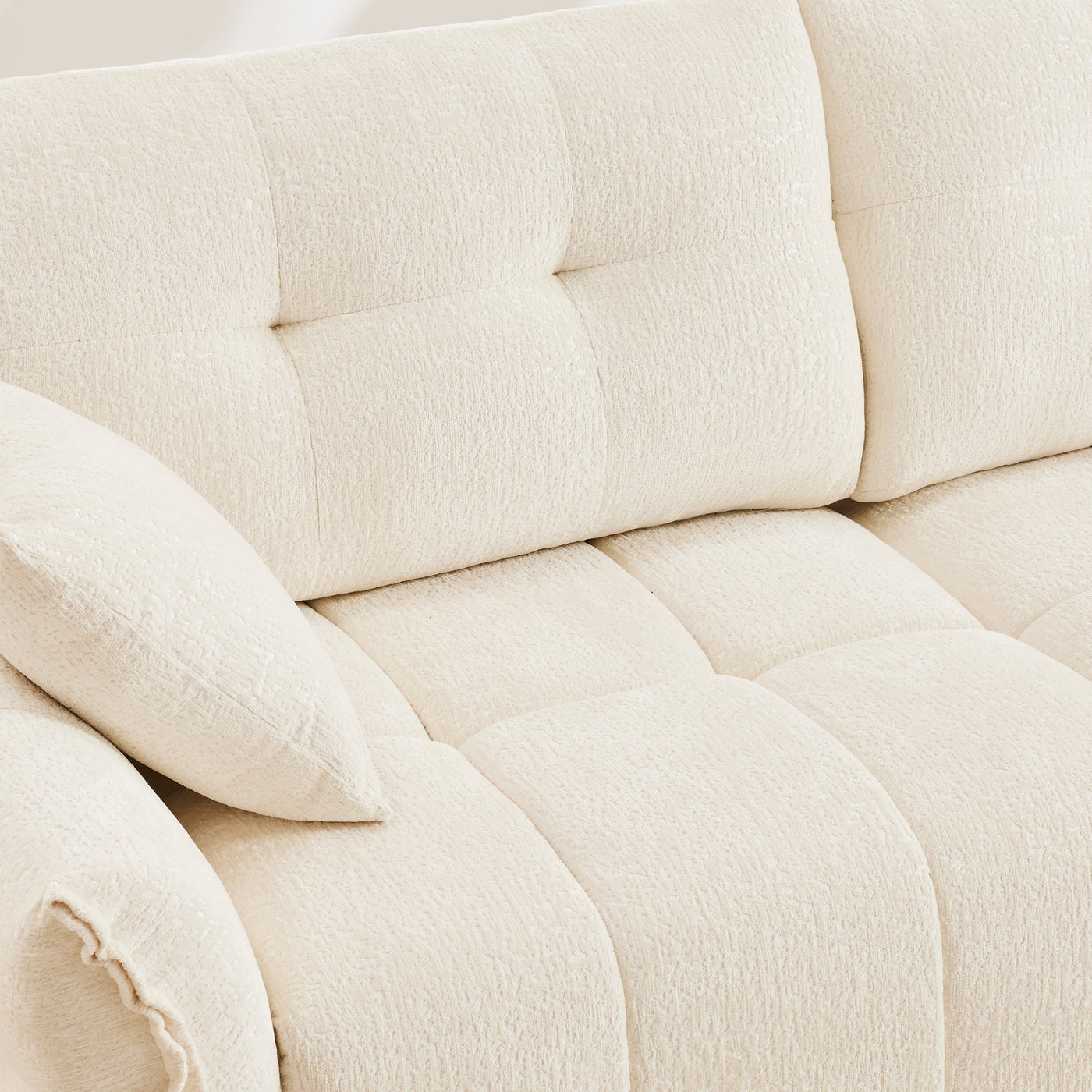 Elegant Textured Chenille 3 Seater Sofa Set with Ottoman and Throw Pillows in Sturdy Solid Wood Frame, White