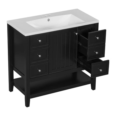 36' Bathroom Vanity with Sink Combo, One Cabinet and Three Drawers, Solid Wood and MDF Board, Black (Old Sku:SY999505AAB)