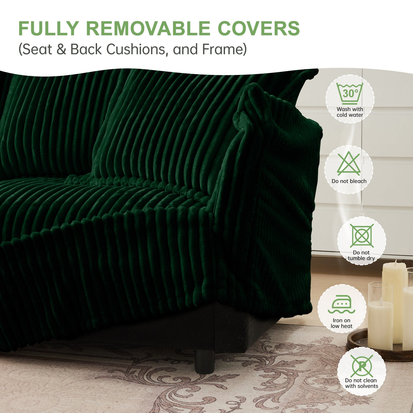 Slipcovered U Shape Sectional Wide and Deep Seat Sofa Couch, 4 Seater Sofa with French Edges Design Multiple Big Pillows, Soft Deep Seat Comfy Cloud Couch for Living Room, Apartment, Green Corduroy