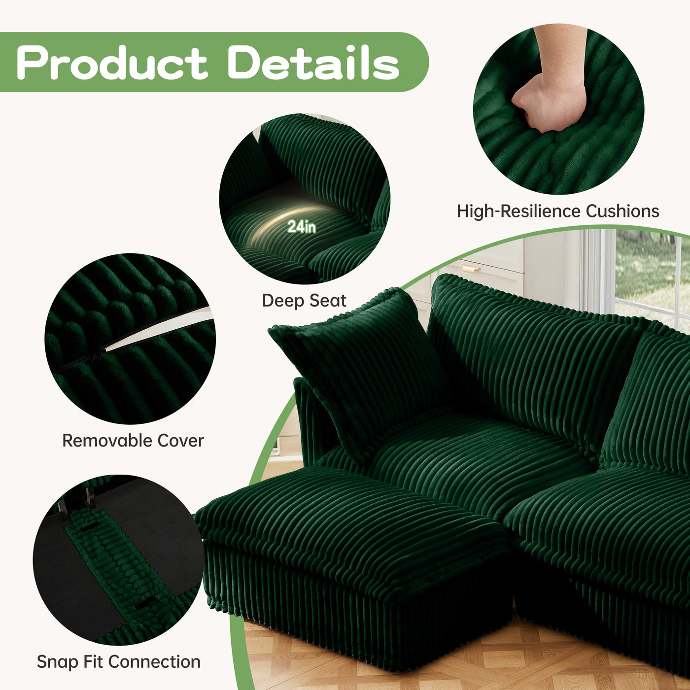Slipcovered U Shape Sectional Wide and Deep Seat Sofa Couch, 4 Seater Sofa with French Edges Design Multiple Big Pillows, Soft Deep Seat Comfy Cloud Couch for Living Room, Apartment, Green Corduroy