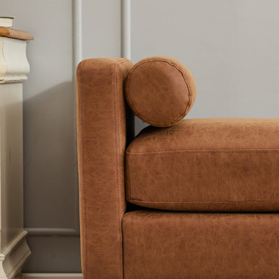 Elegant Upholstered Bench,Daybed,Ottoman with Wood Legs & 2 Bolster Pillows,Brown PU,66.34'W