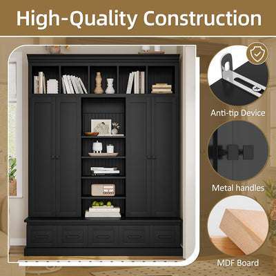 U-Can 78.7'H Hall Tree with Bench and 5 Storage Cubbies, Modern Entryway Storage Organizer Cabinet with 4 Doors, 5 Drawers and Adjustable Shelves for Hallway, Entryway, Living Room