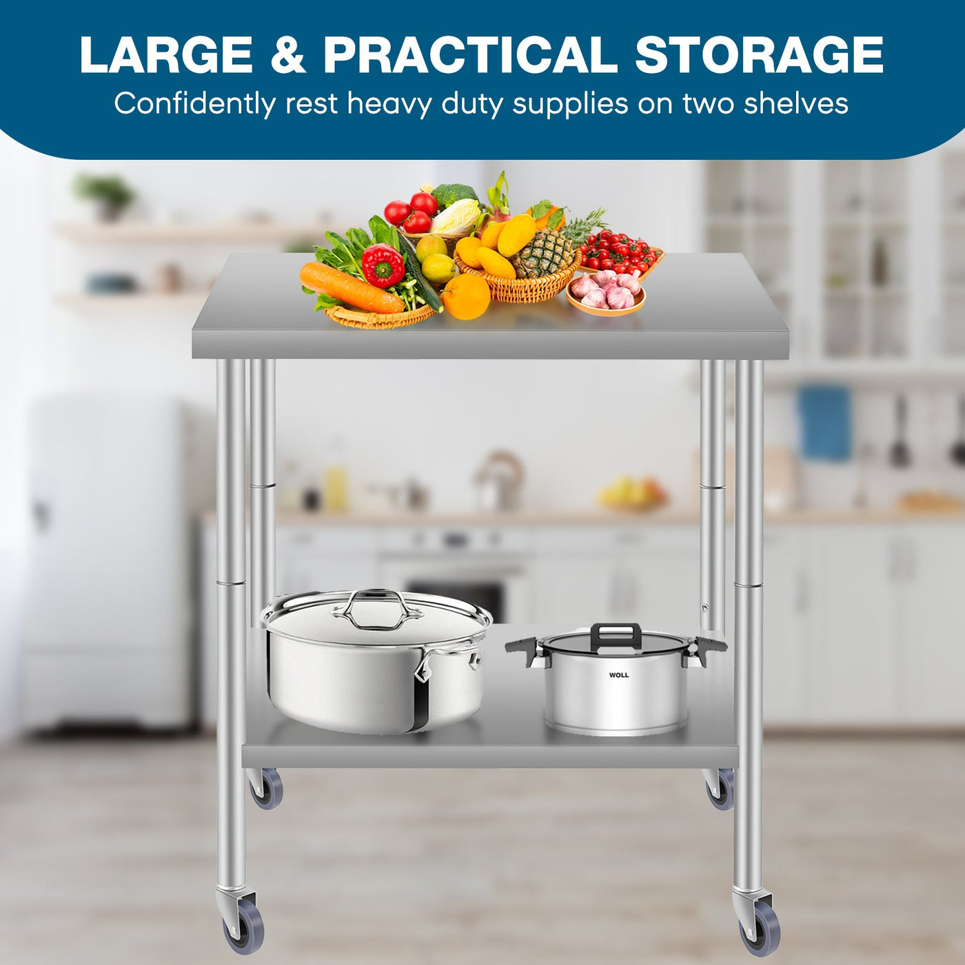 24''*24'' Commercial Work Table for Restaurant and Home Stainless Steel Kitchen Prep Table with Under Shelf and wheels