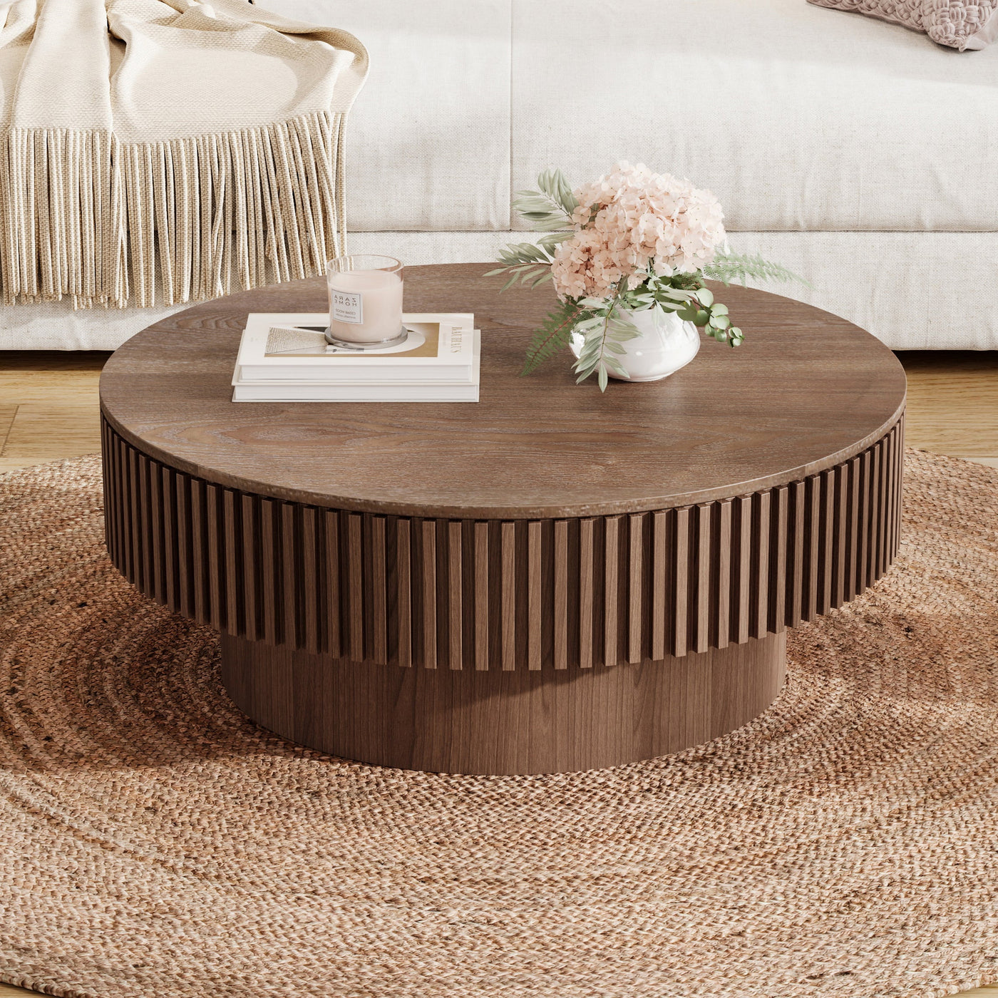 31.5'' Round Coffee Table with Storage Solid Wood Veneered Modern Coffee Table Accent Tea Table for Living Room, Bedroom, Apartment or Office, Walnut