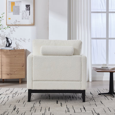 35.4' Wide Modern Farmhouse Performance Accent Chair with Black Finish Legs, Wood Base Reading Armchair Single Sofa with Two Bolster Pillows for Living Room Offices and Lounge, Ivory Boucle.
