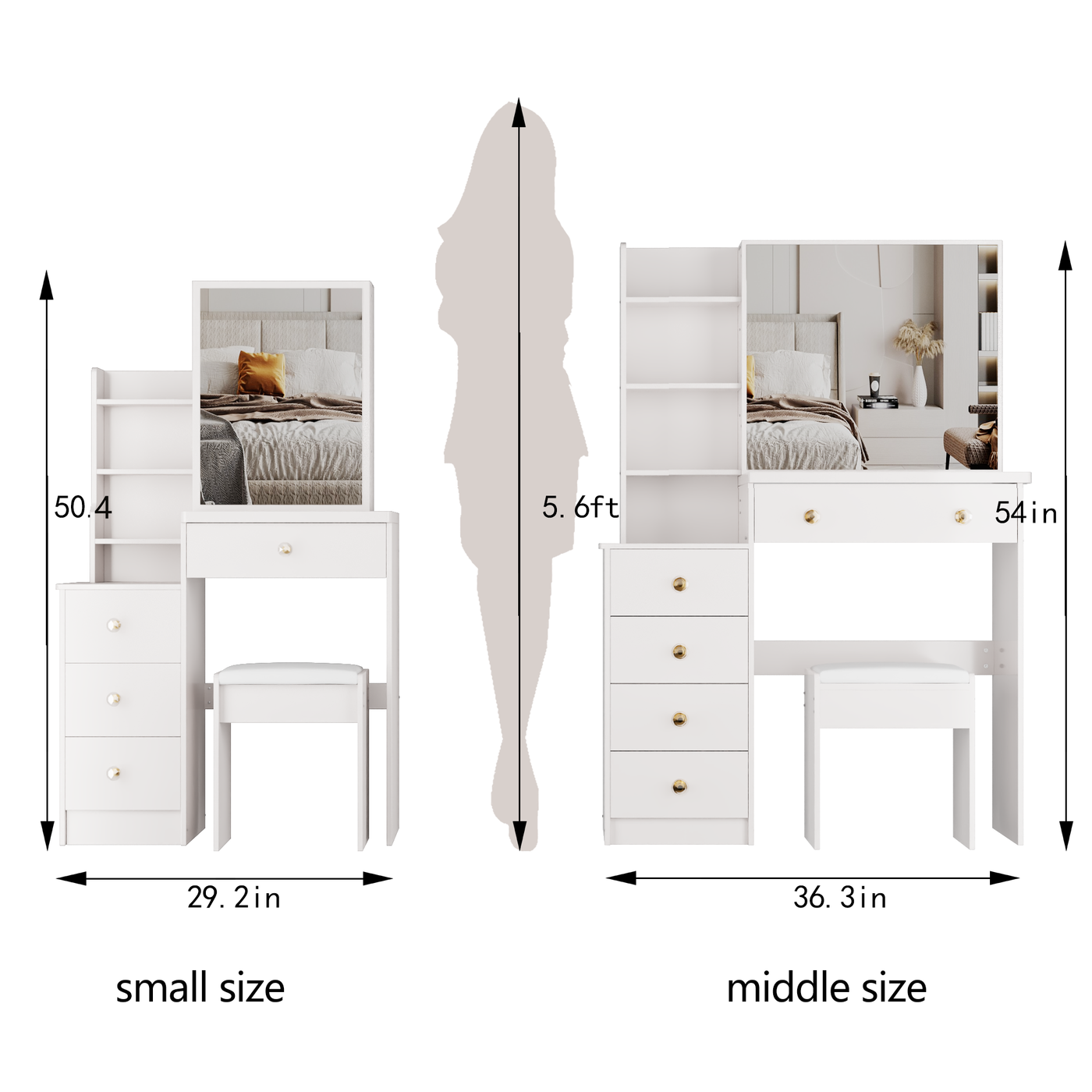 37' Middle Size Left Bedside Cabinet Vanity Table + Cushioned Stool, Extra Large Right sliding mirror, Multi Layer High Capacity Storage, Practical Fashionable Dresser, Suitable For Large Space