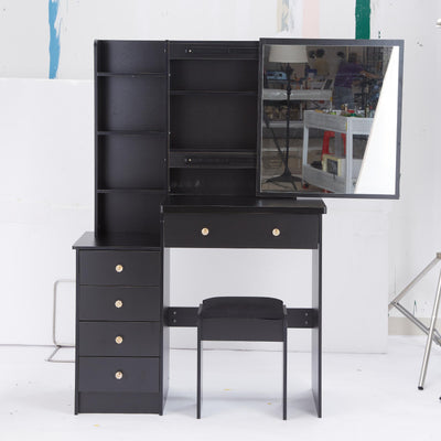 37' Middle Size Left Bedside Cabinet Vanity Table + Cushioned Stool, Extra Large Right sliding mirror, Multi Layer High Capacity Storage, Practical Fashionable Dresser, Suitable For Middle Space